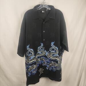 Street Culture Shirt Mens XL Black Dragon Graphic Button Up Short Sleeve Camp